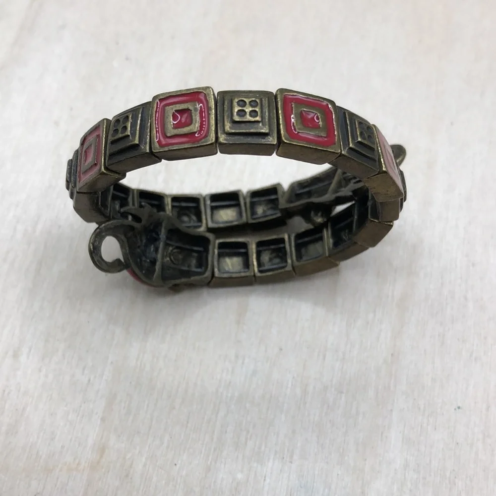 Vintage elephant memory coil brass and enamel bracelet small wrist 6.5